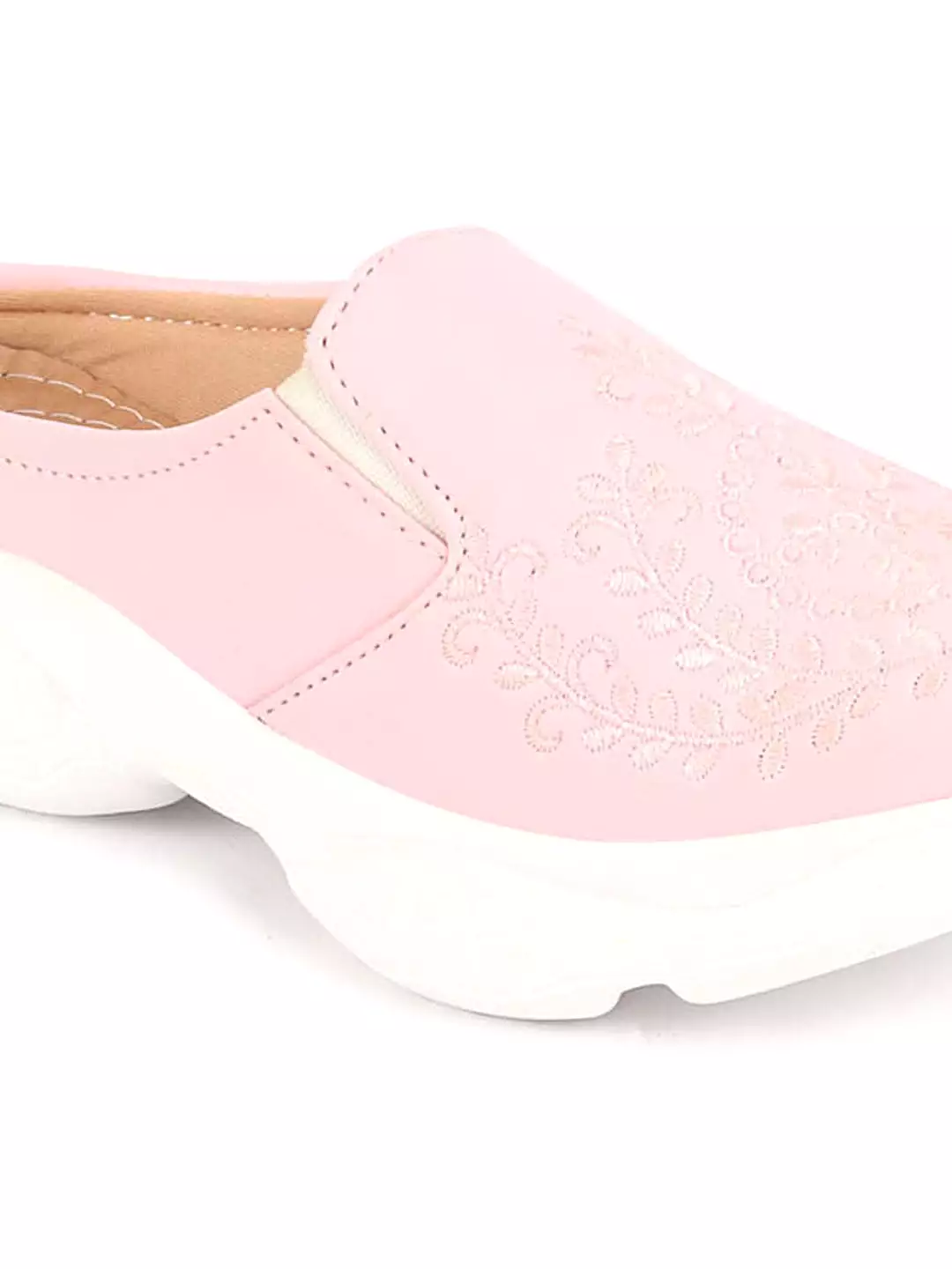 Pink Floral and Leaf Print Embroidery Slip On Mules Shoes for Women