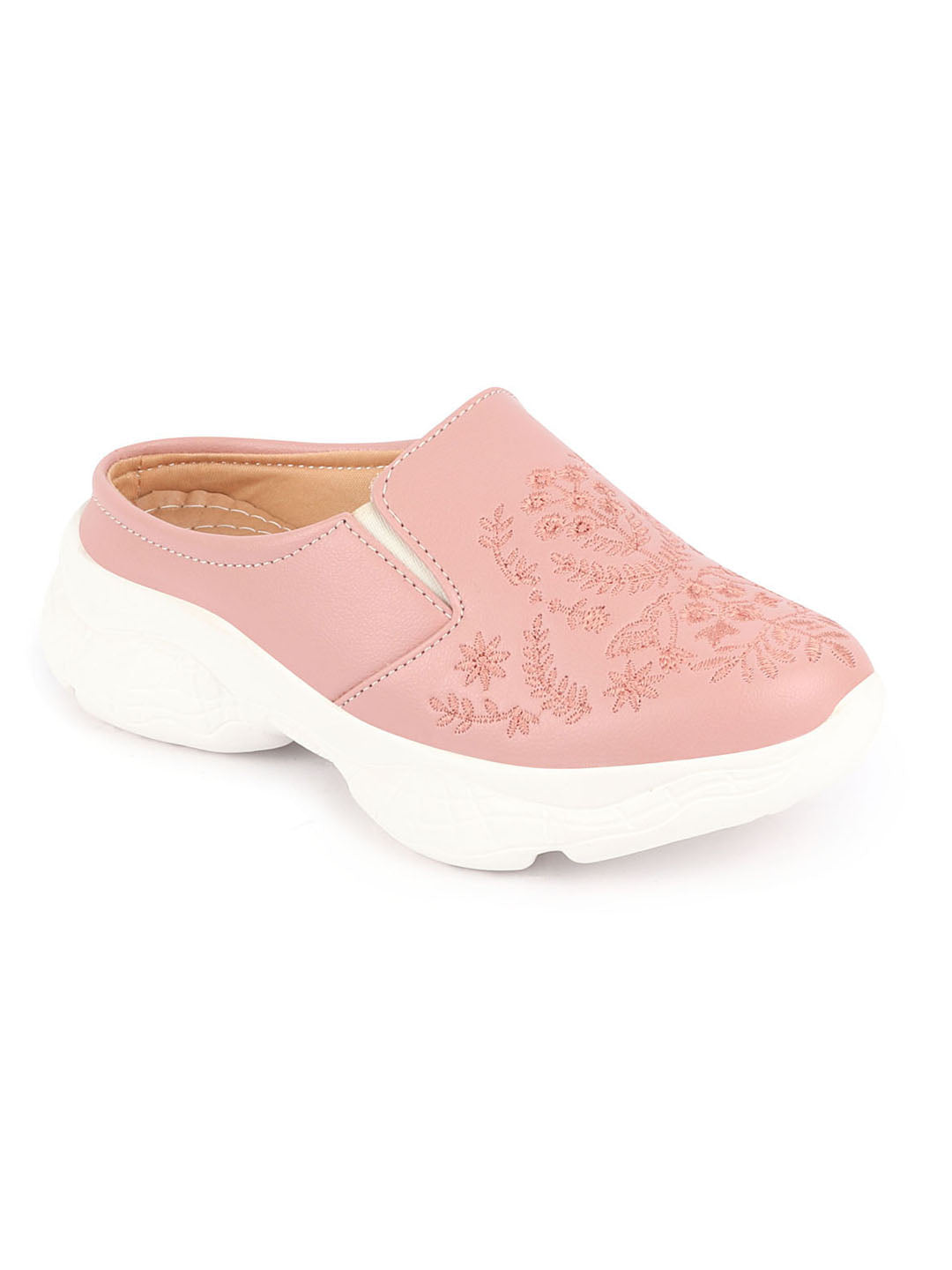 Pink Floral Print Embroidery Back Open Slip On Mules Shoes for Women