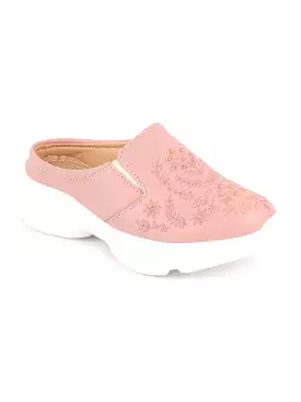 Pink Floral Print Embroidery Back Open Slip On Mules Shoes for Women