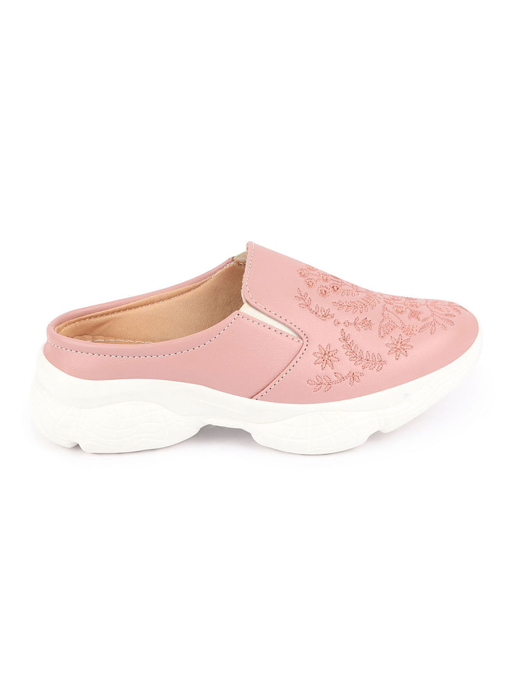 Pink Floral Print Embroidery Back Open Slip On Mules Shoes for Women