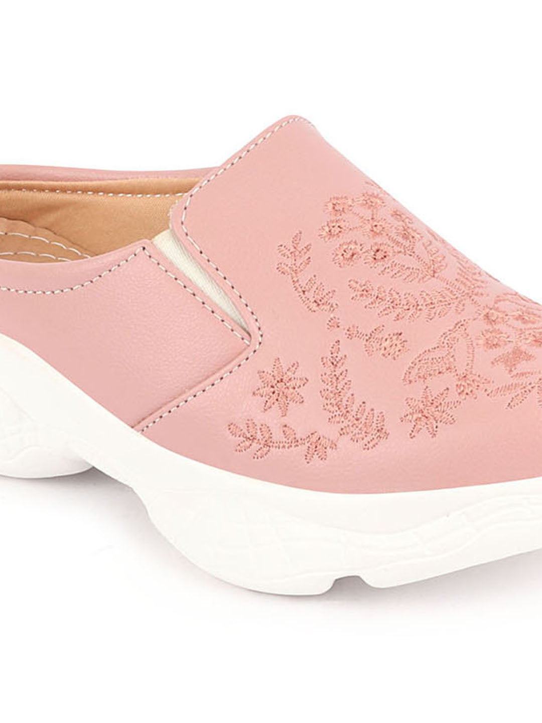 Pink Floral Print Embroidery Back Open Slip On Mules Shoes for Women