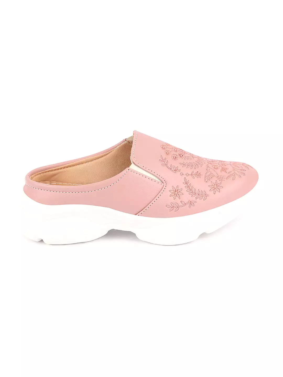 Pink Floral Print Embroidery Backless Mules Shoes for Women