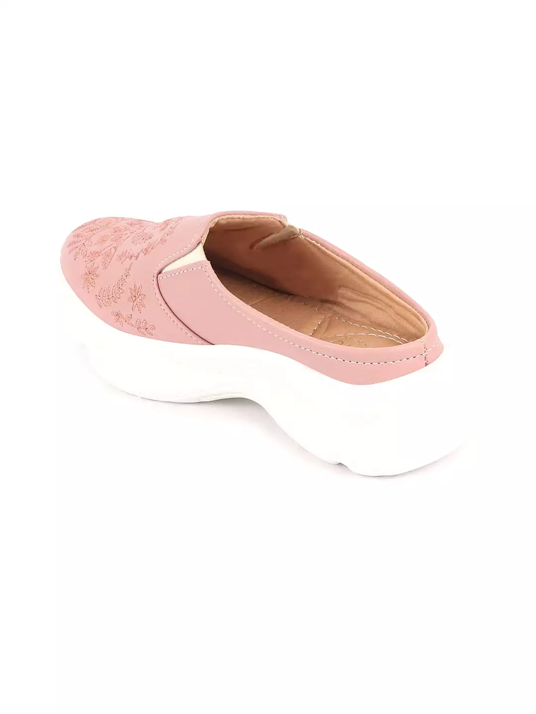 Pink Floral Print Embroidery Backless Mules Shoes for Women