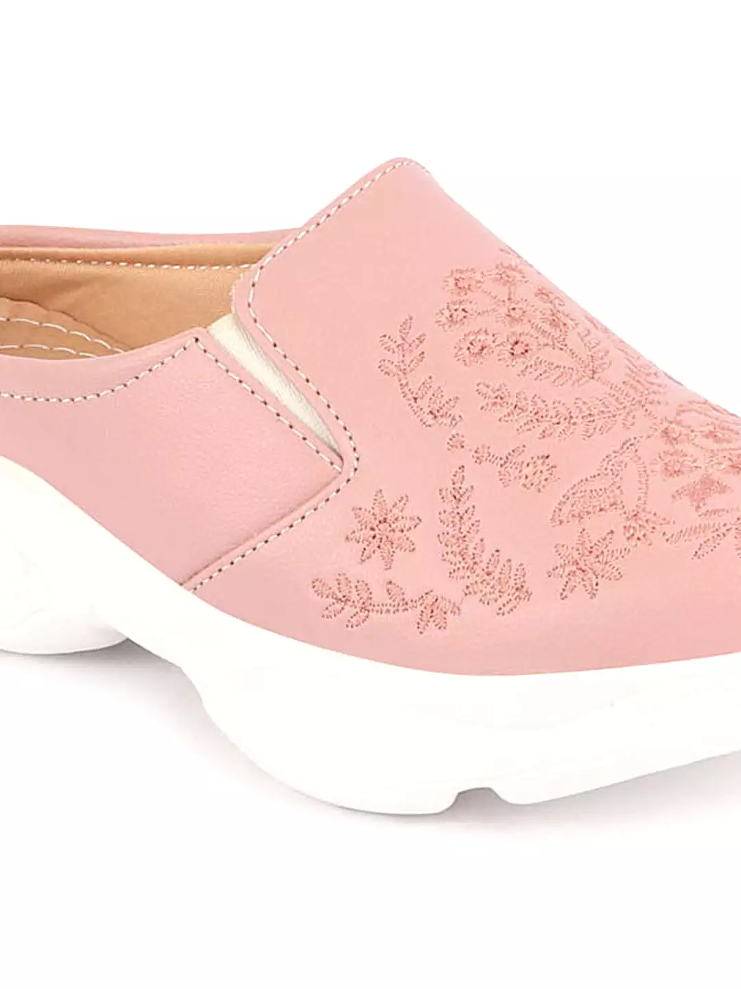 Pink Floral Print Embroidery Backless Mules Shoes for Women