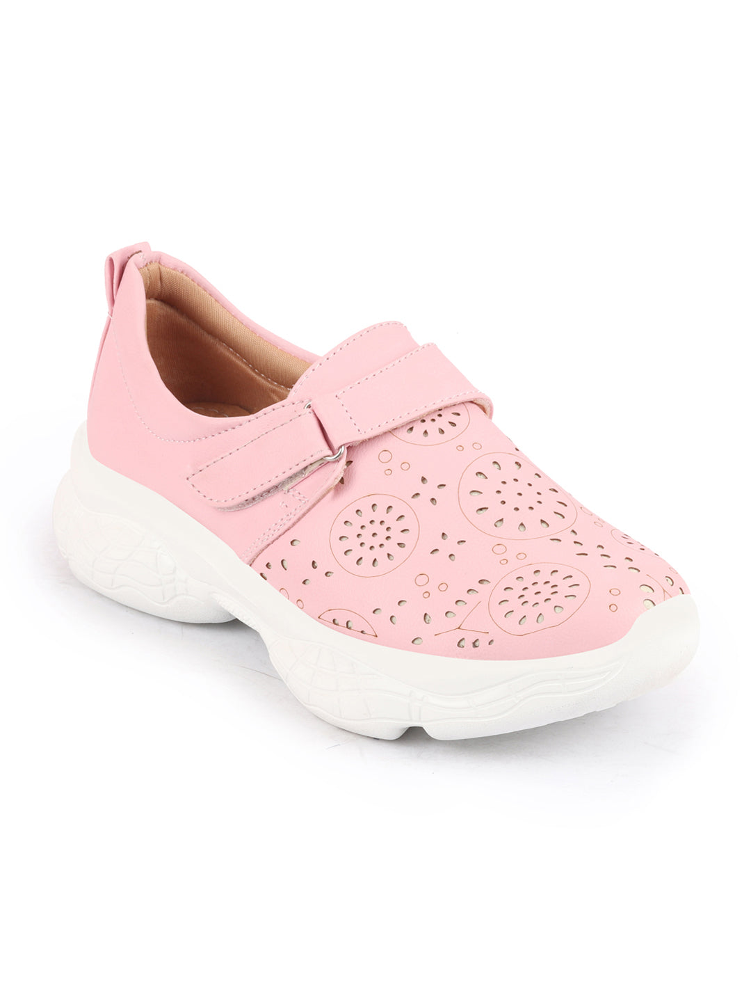 Pink laser cut design back open buckle mules shoes for women