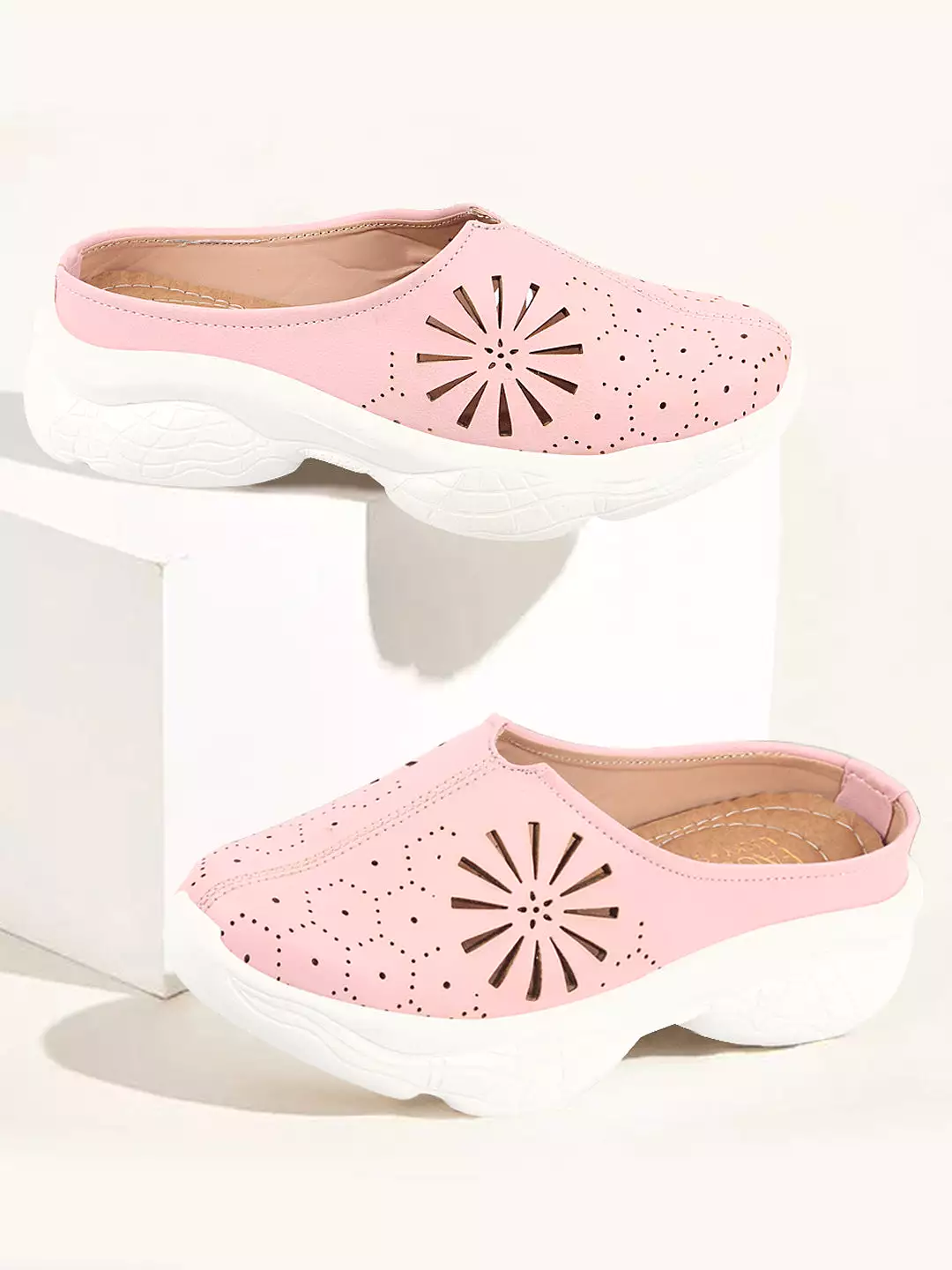 Pink Laser Cut Design Back Open Slip On Mules for Women