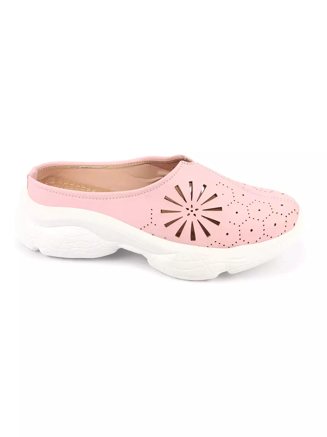 Pink Laser Cut Design Back Open Slip On Mules for Women