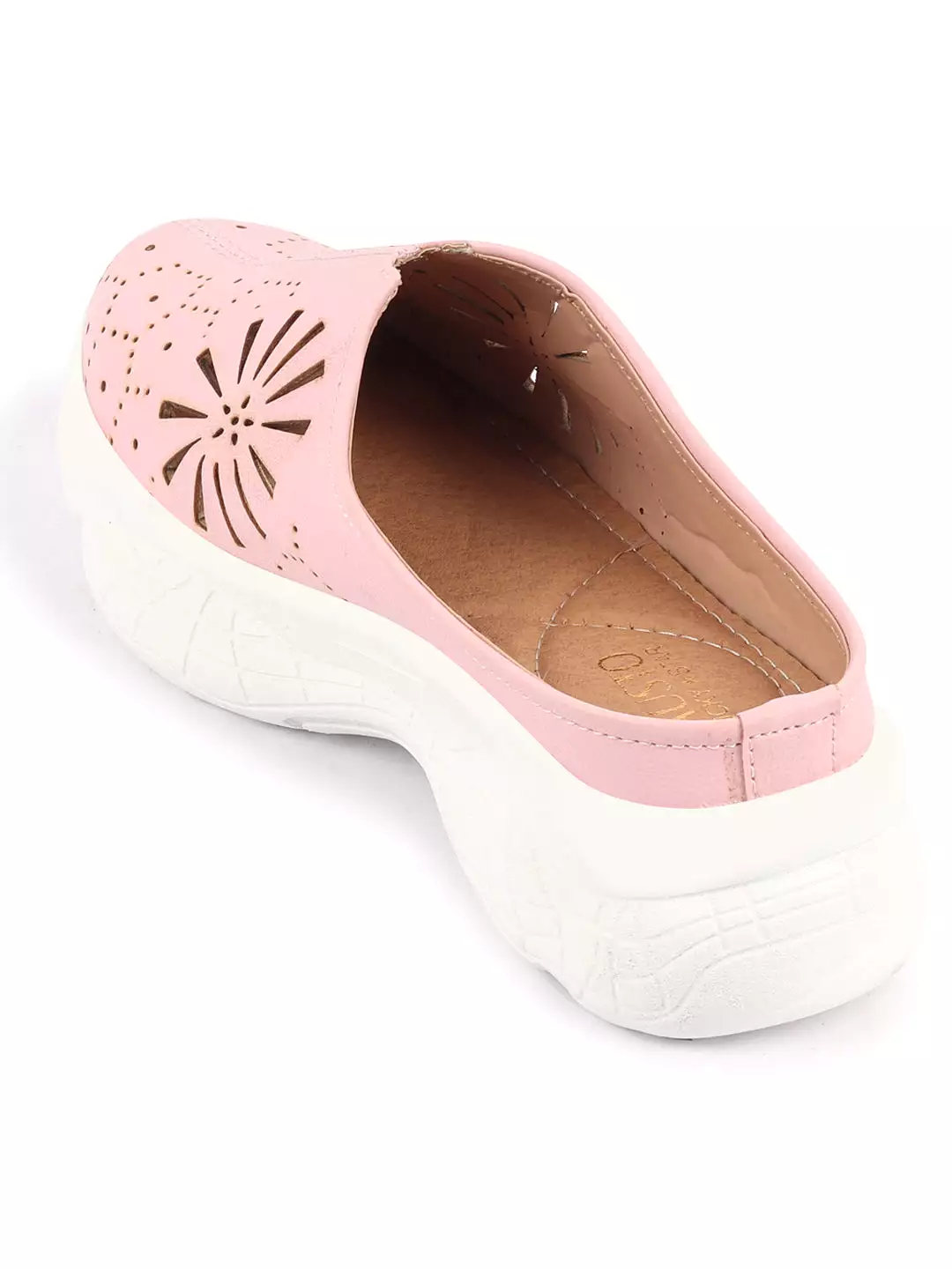 Pink Laser Cut Design Back Open Slip On Mules for Women