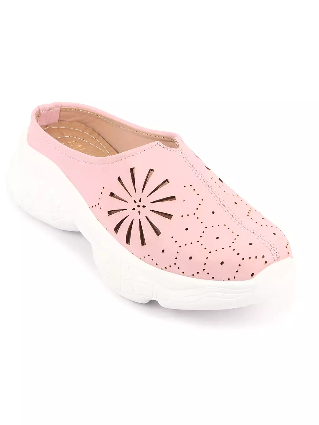 Pink Laser Cut Design Back Open Slip On Mules for Women