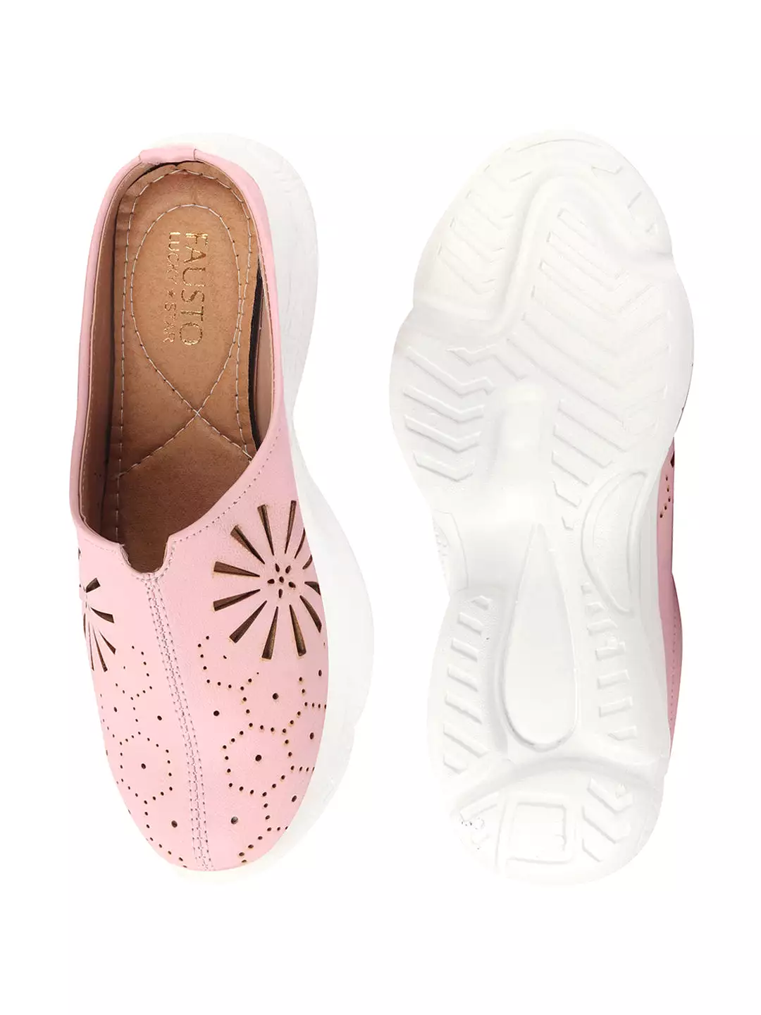 Pink Laser Cut Design Back Open Slip On Mules for Women