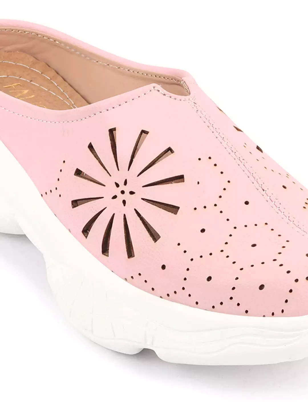 Pink Laser Cut Design Back Open Slip On Mules for Women