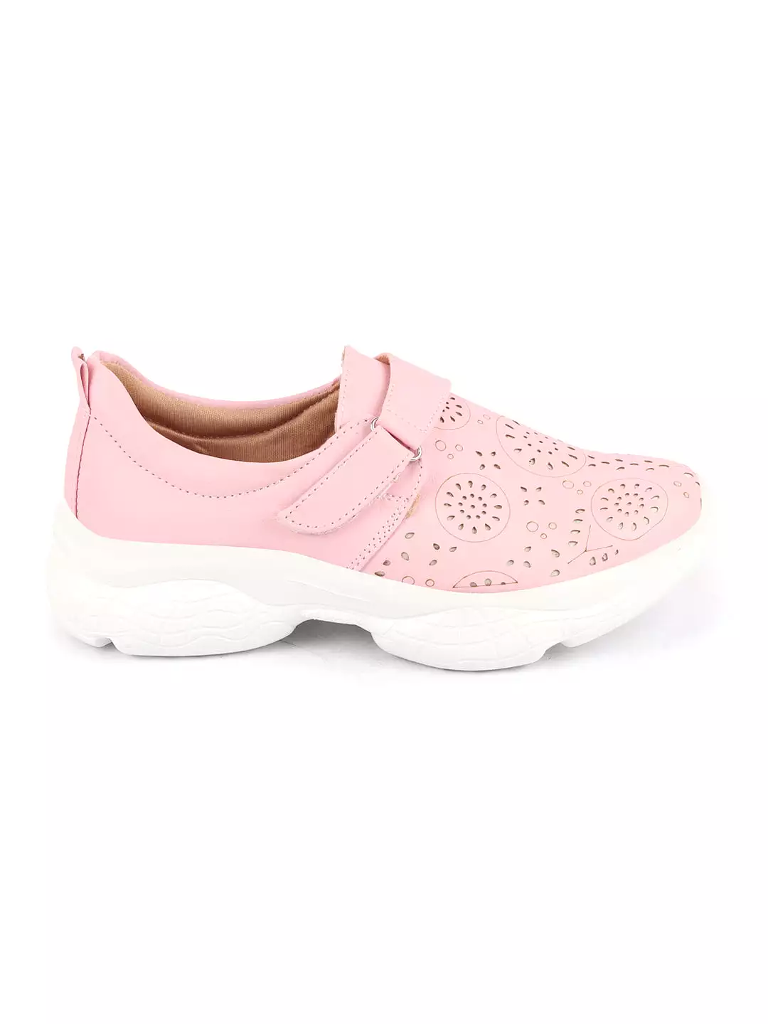 Pink laser-cut design open back shoes with stitched detail and hook & loop buckle for women.