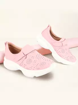 Pink laser-cut design open back shoes with stitched detail and hook & loop buckle for women.