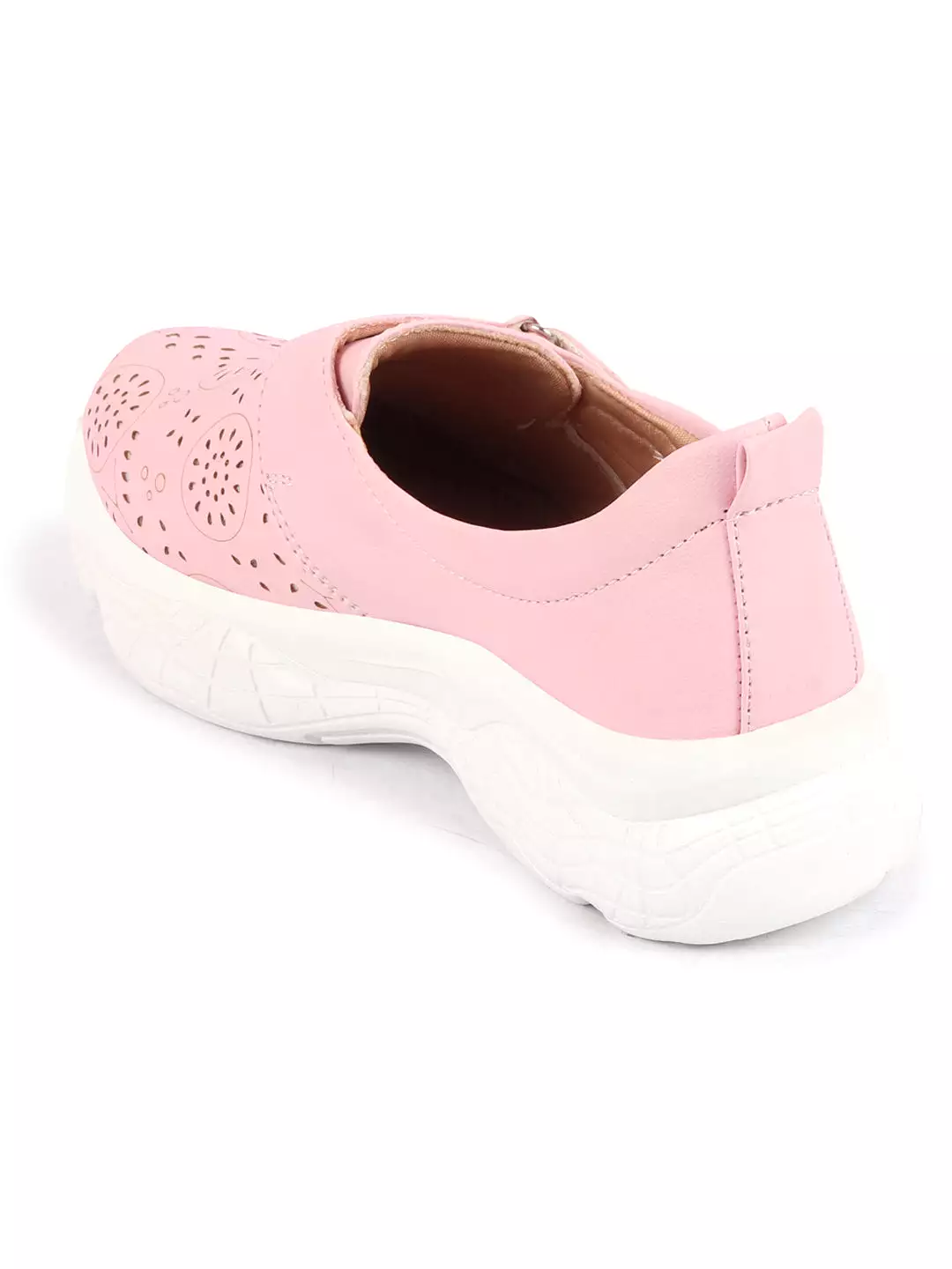 Pink laser-cut design open back shoes with stitched detail and hook & loop buckle for women.