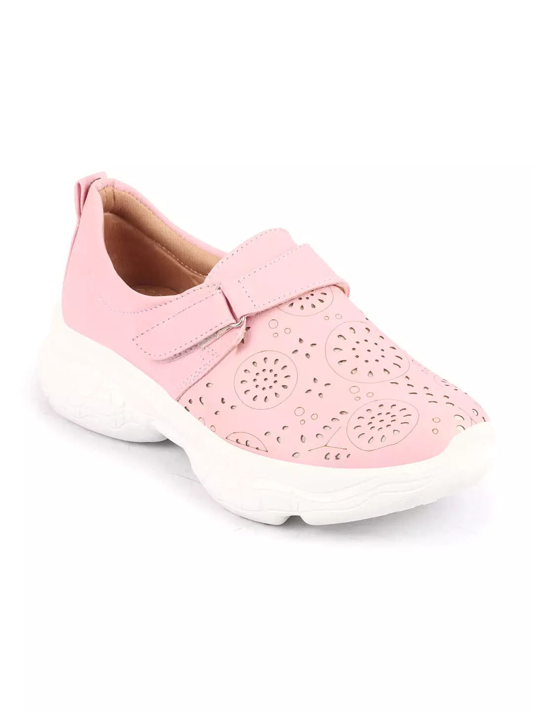 Pink laser-cut design open back shoes with stitched detail and hook & loop buckle for women.