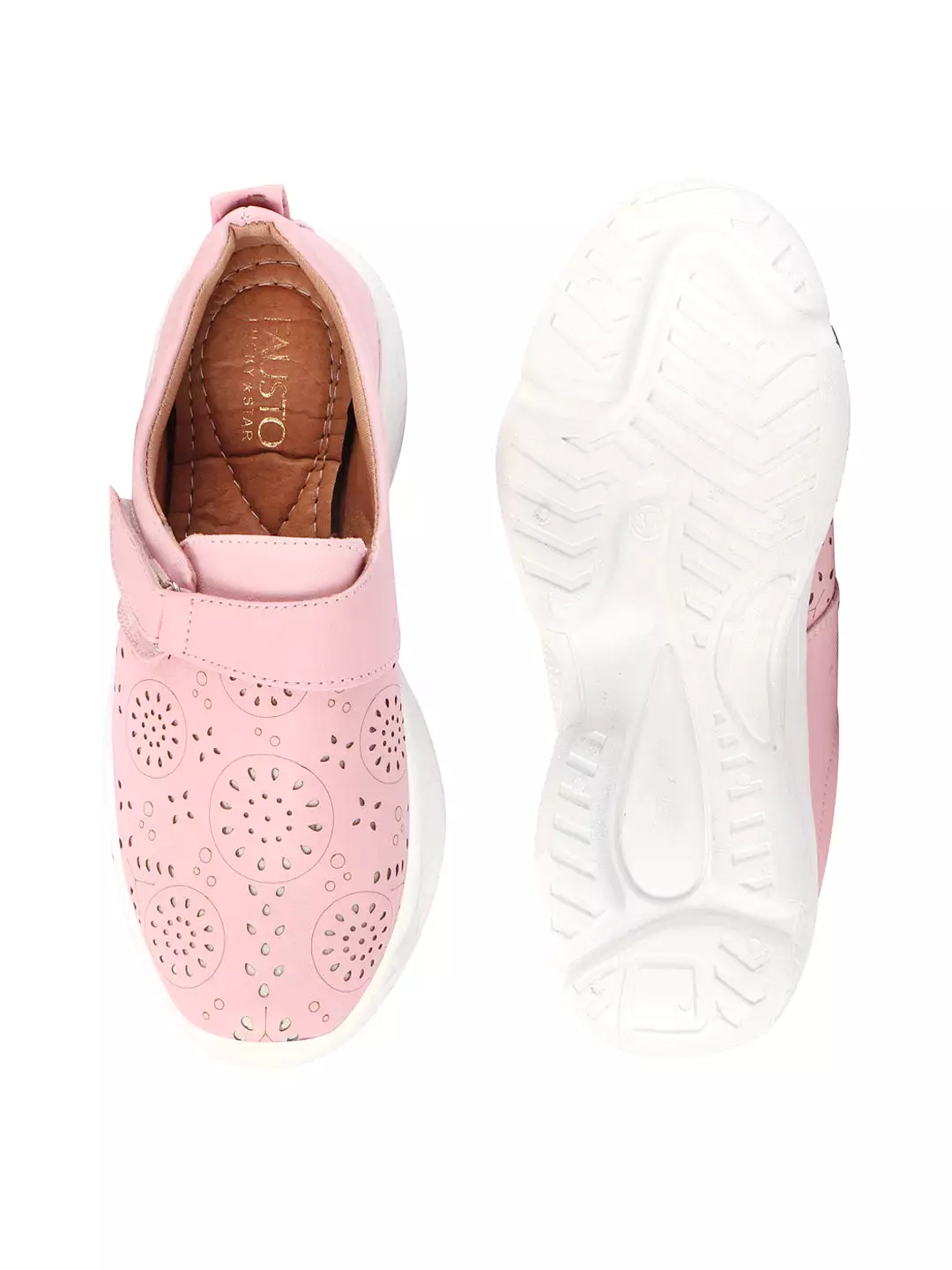 Pink laser-cut design open back shoes with stitched detail and hook & loop buckle for women.