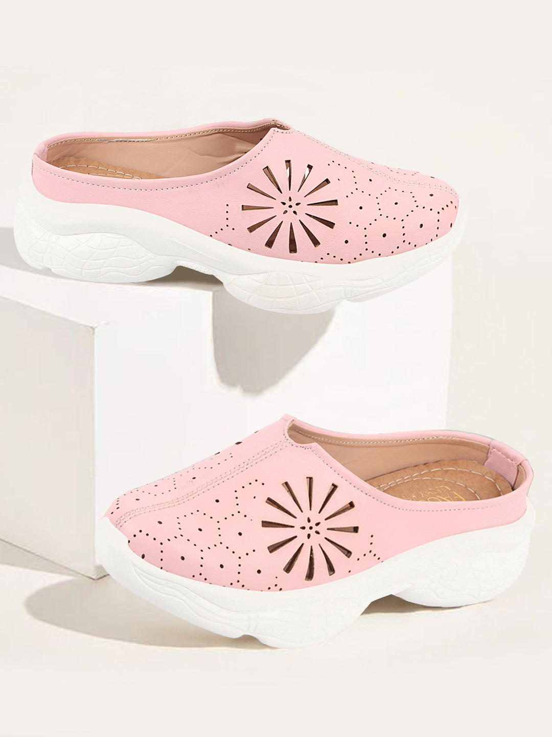 Pink Laser Cut Design Slip On Mules Shoes with Breathable Back - Women's Collection