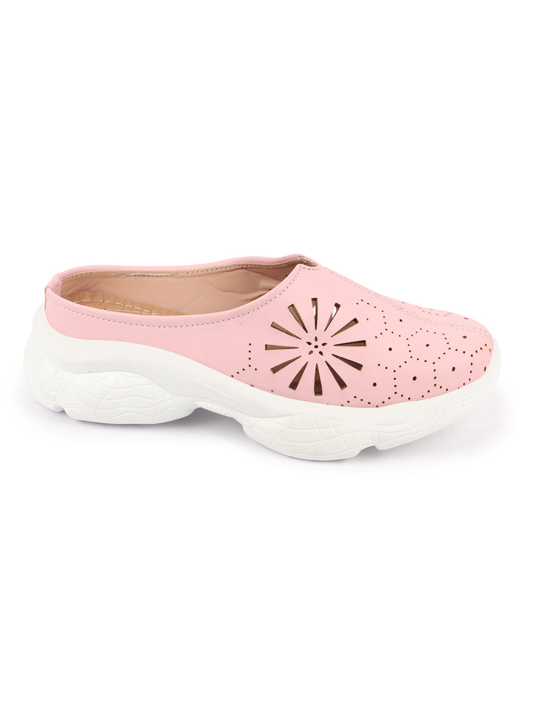 Pink Laser Cut Design Slip On Mules Shoes with Breathable Back - Women's Collection