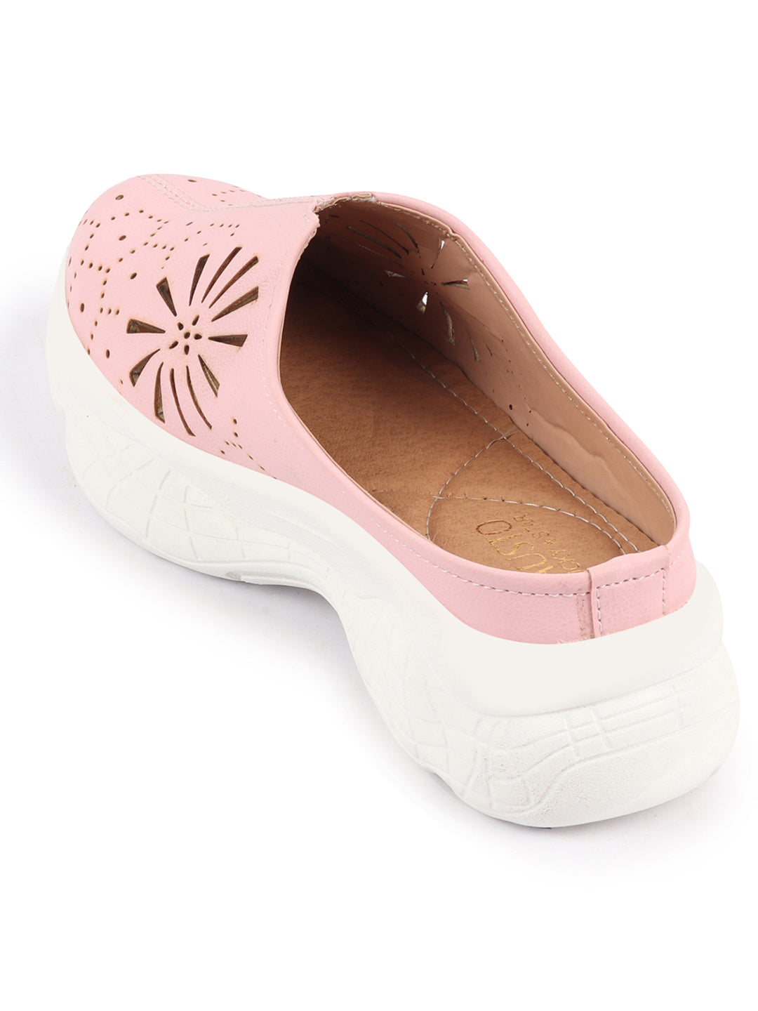 Pink Laser Cut Design Slip On Mules Shoes with Breathable Back - Women's Collection