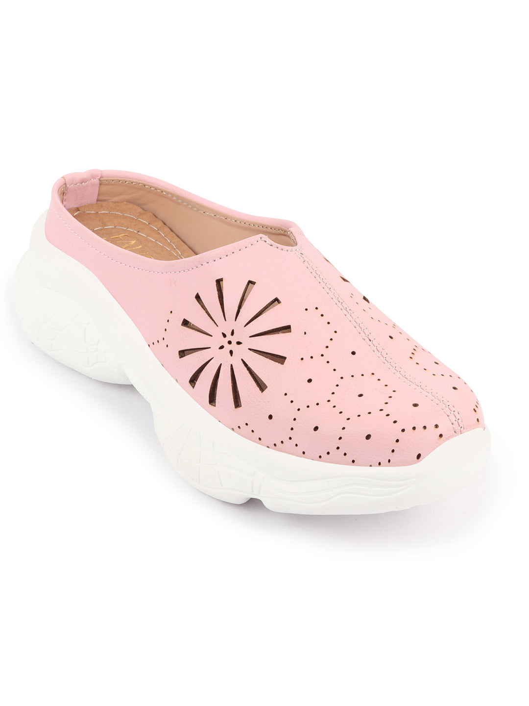 Pink Laser Cut Design Slip On Mules Shoes with Breathable Back - Women's Collection