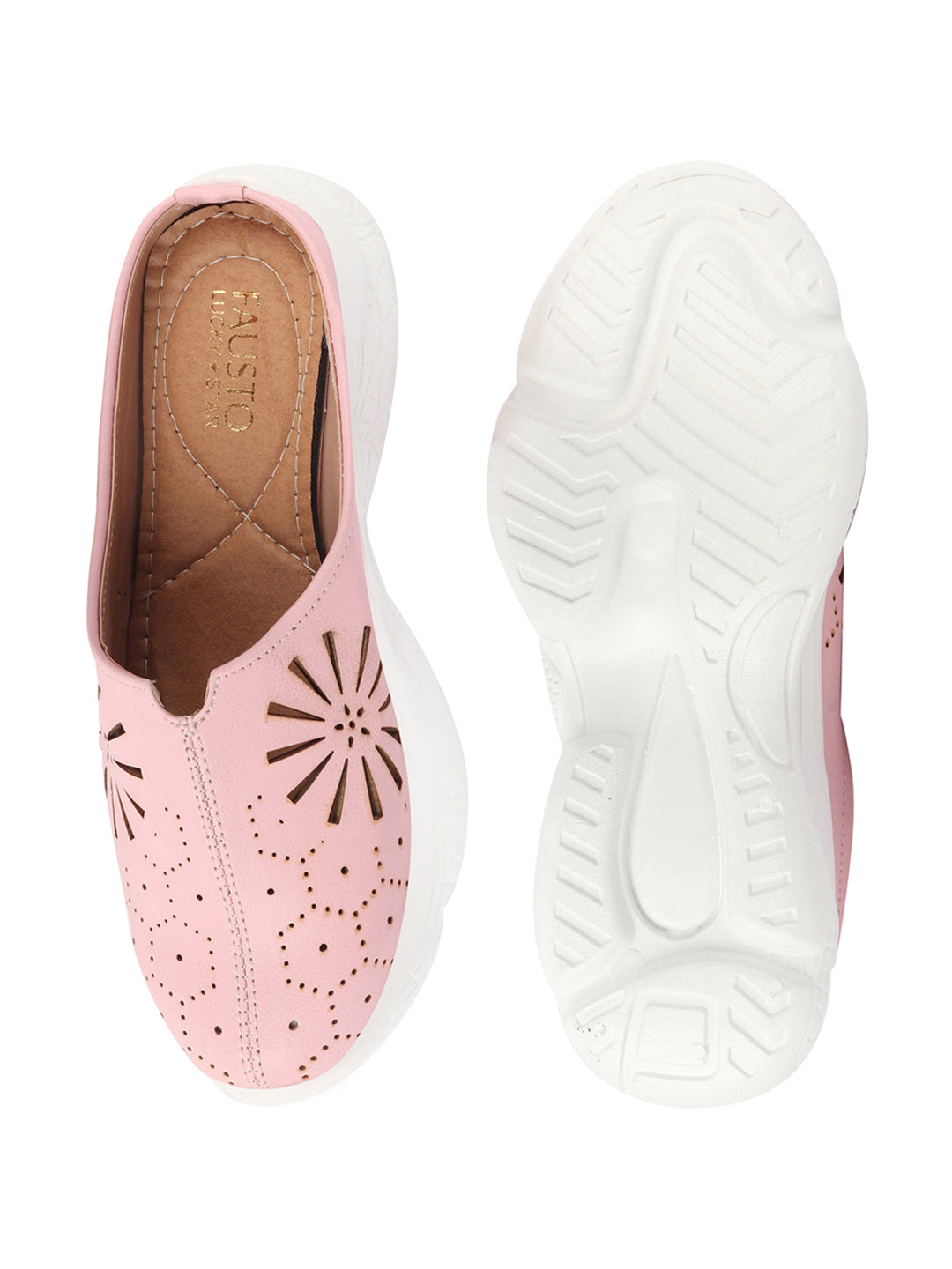 Pink Laser Cut Design Slip On Mules Shoes with Breathable Back - Women's Collection