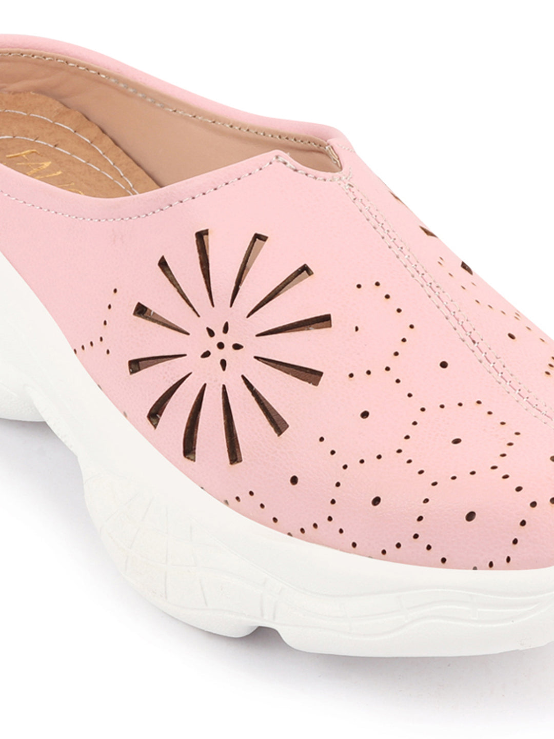 Pink Laser Cut Design Slip On Mules Shoes with Breathable Back - Women's Collection