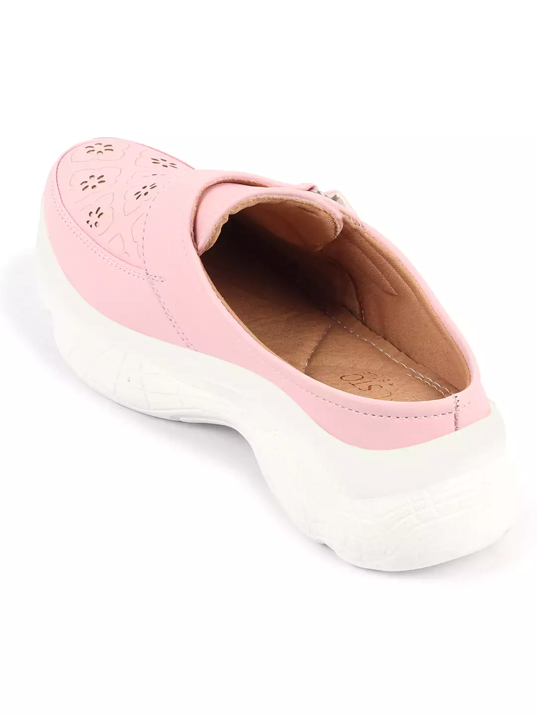 Pink Laser Cut Floral Design Hook and Loop Back Slip On Mules Shoes for Women.