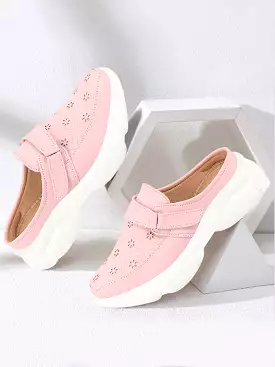 Pink Laser Cut Floral Design Hook and Loop Back Slip On Mules Shoes for Women.