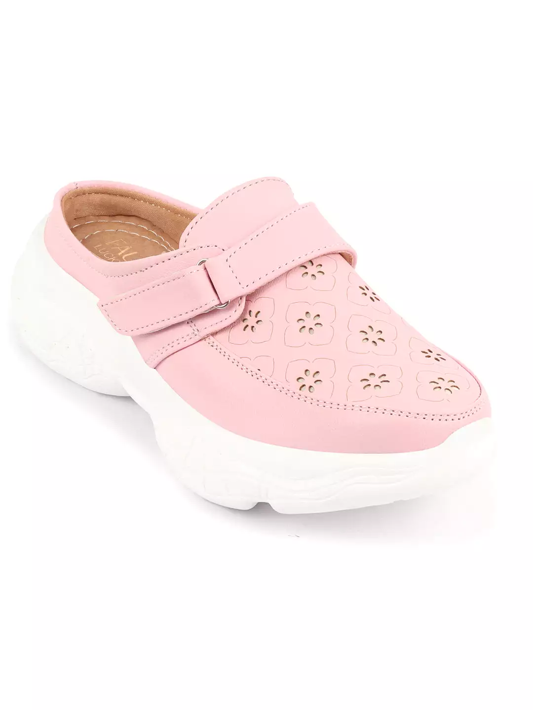 Pink Laser Cut Floral Design Hook and Loop Back Slip On Mules Shoes for Women.