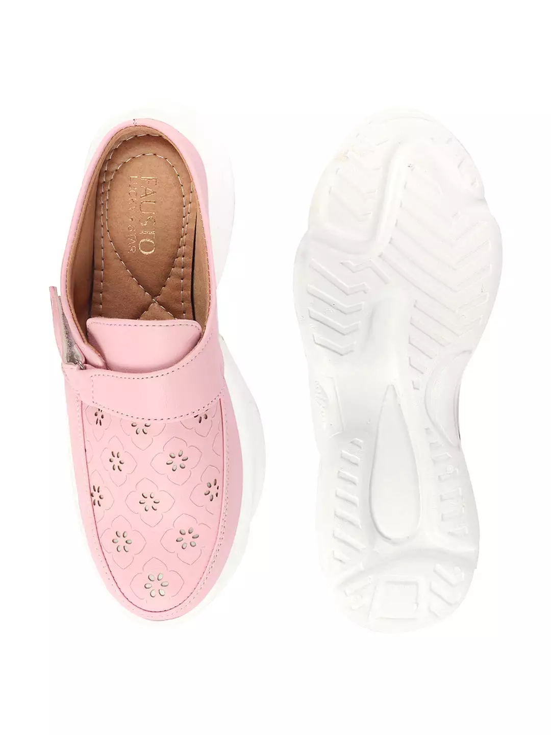 Pink Laser Cut Floral Design Hook and Loop Back Slip On Mules Shoes for Women.