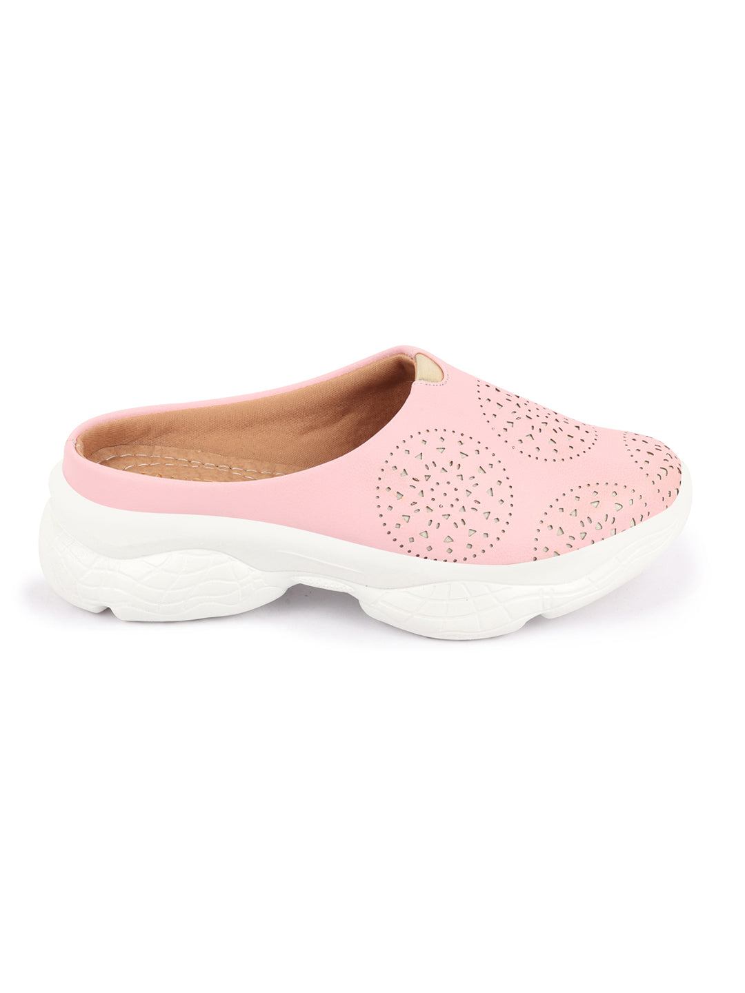 Pink laser cut mules for women with back open design