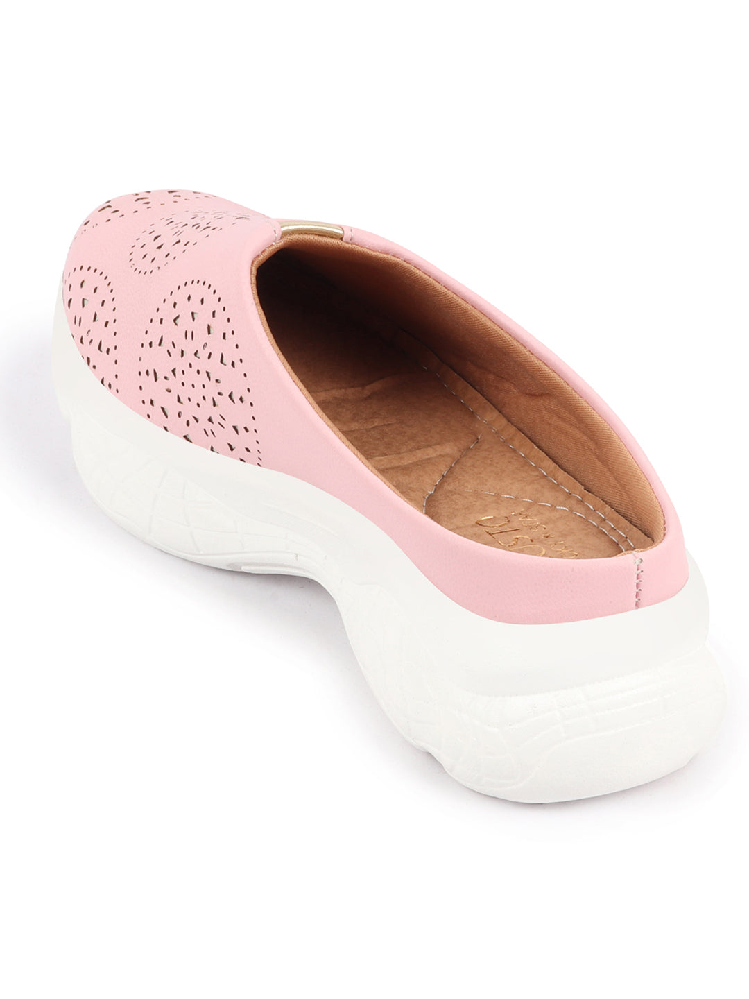 Pink laser cut mules for women with back open design