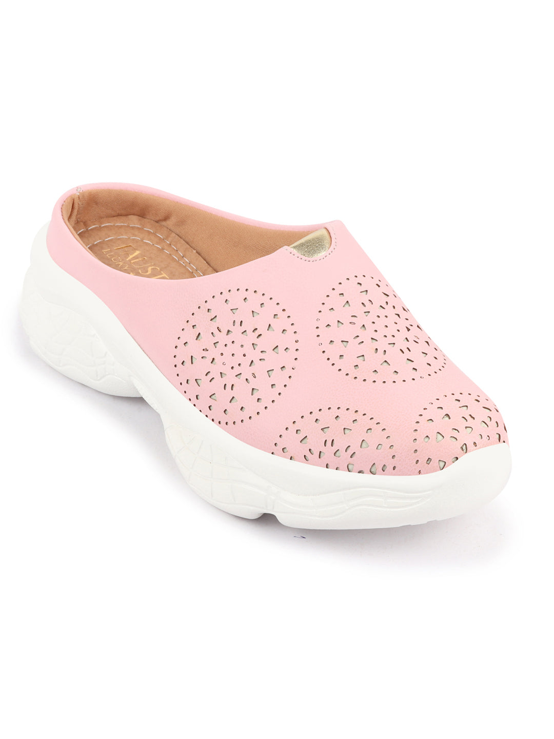 Pink laser cut mules for women with back open design