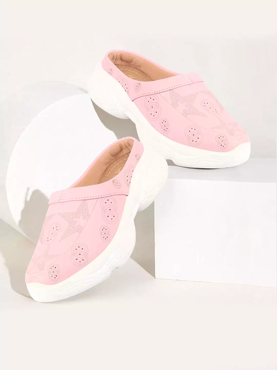 Pink Laser Cut Star Open Back Slip-On Mules for Women