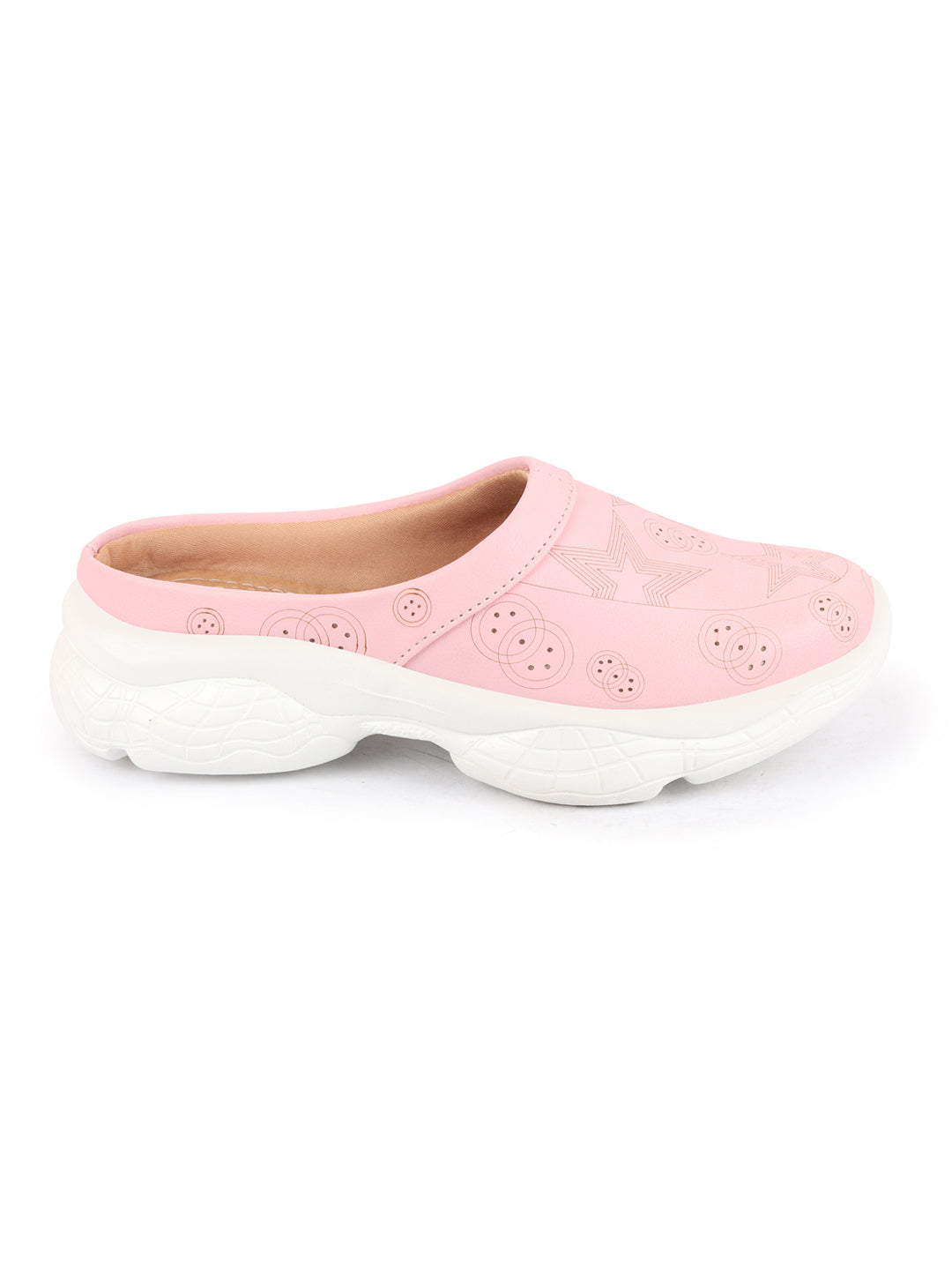 Pink laser cut star open back slip-on mules shoes for women.