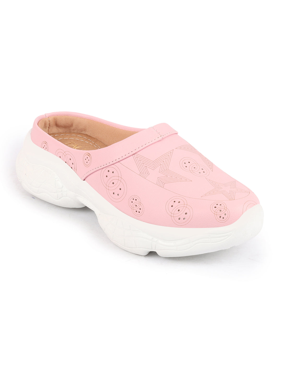 Pink laser cut star open back slip-on mules shoes for women.