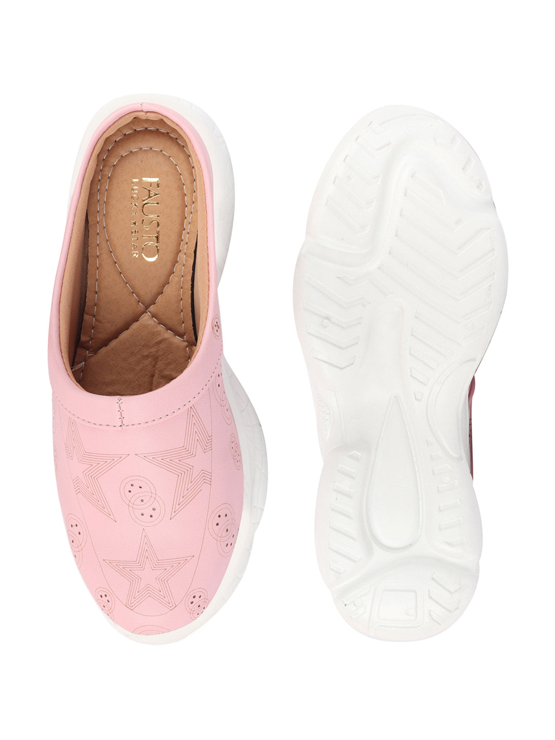 Pink laser cut star open back slip-on mules shoes for women.