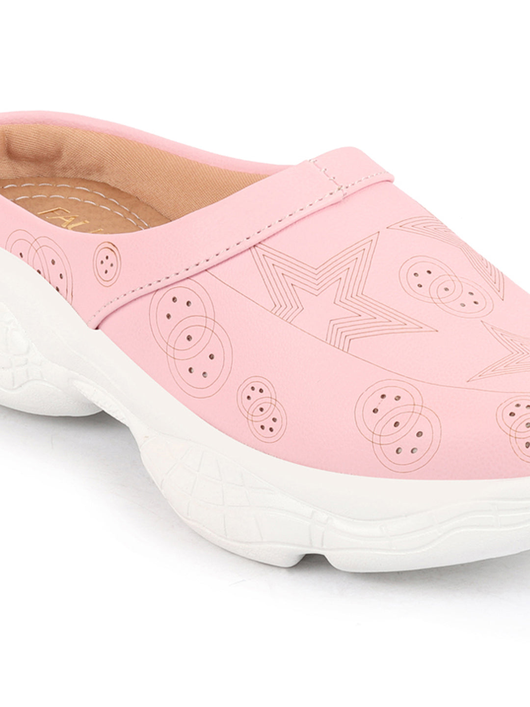 Pink laser cut star open back slip-on mules shoes for women.