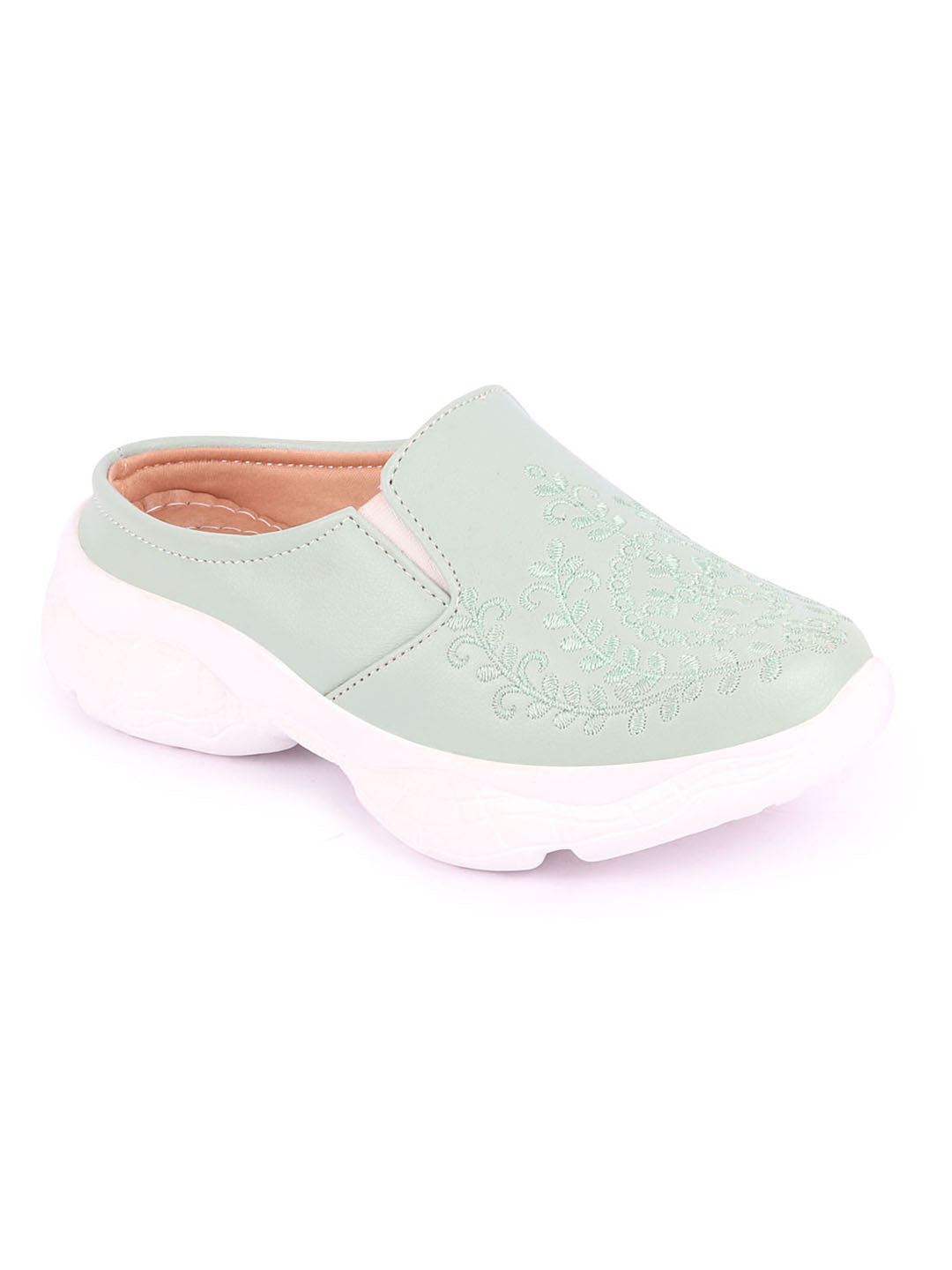 Pista Green Floral and Leaf Print Embroidered Slip On Mules Shoes for Women