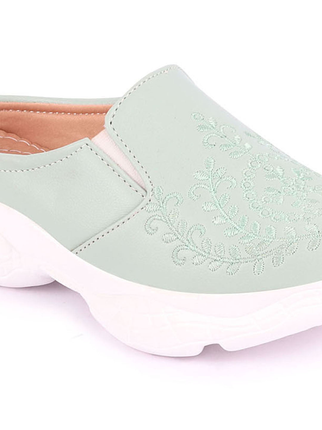 Pista Green Floral and Leaf Print Embroidered Slip On Mules Shoes for Women