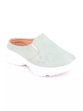 Pista Green Floral Print Embroidered Backless Mules for Women