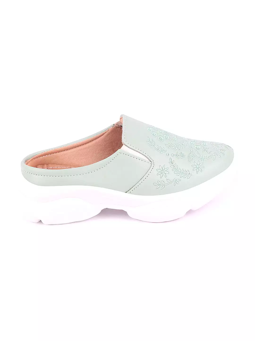 Pista Green Floral Print Embroidered Backless Mules for Women