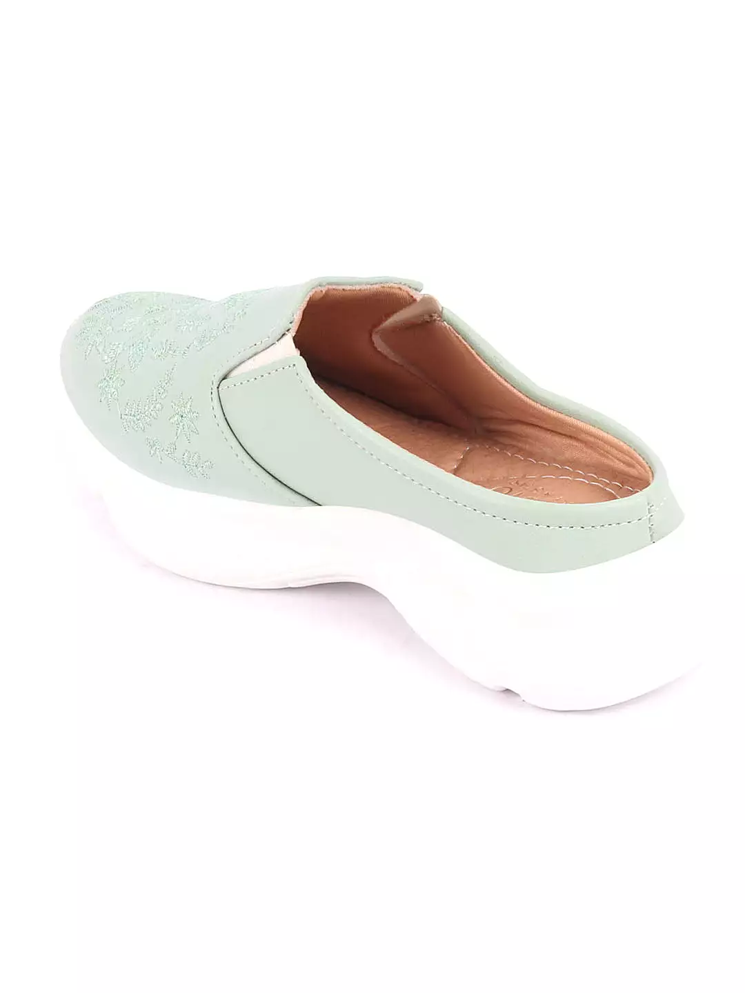 Pista Green Floral Print Embroidered Backless Mules for Women