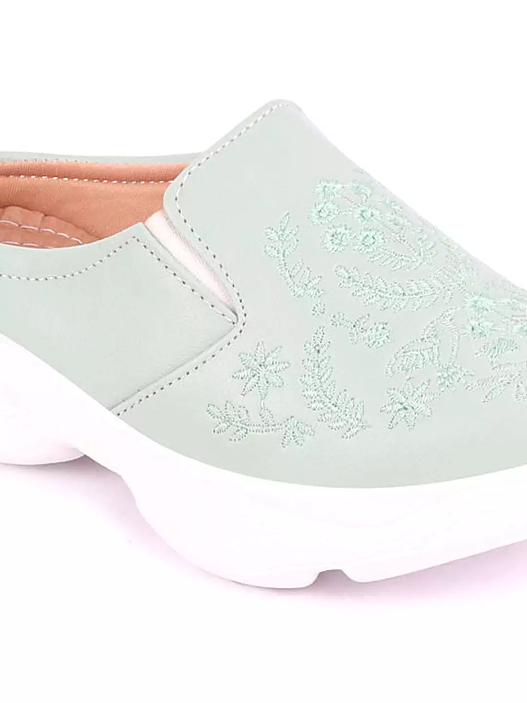 Pista Green Floral Print Embroidered Backless Mules for Women