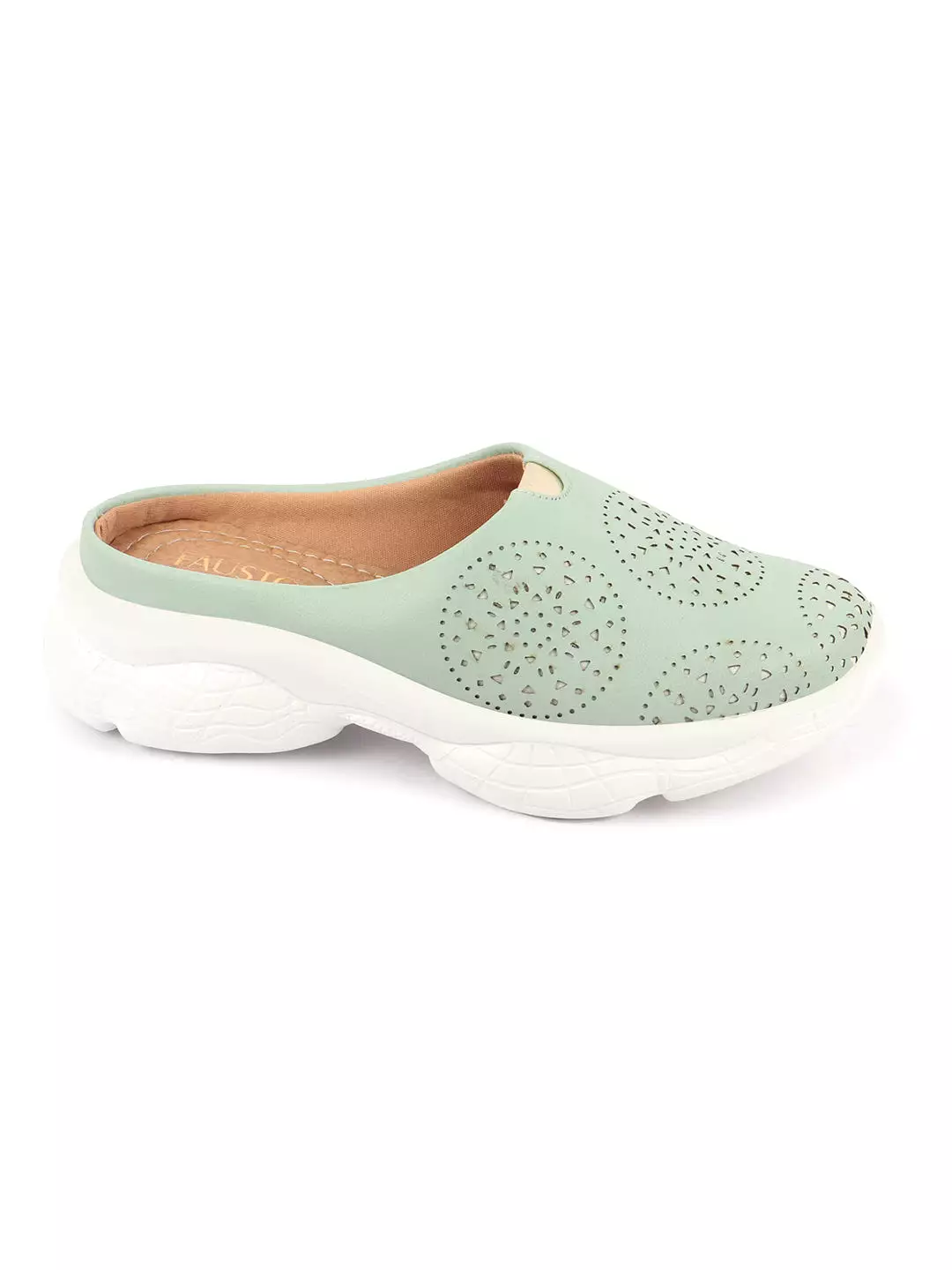 Pista Green Laser Cut Slip On Mules for Women