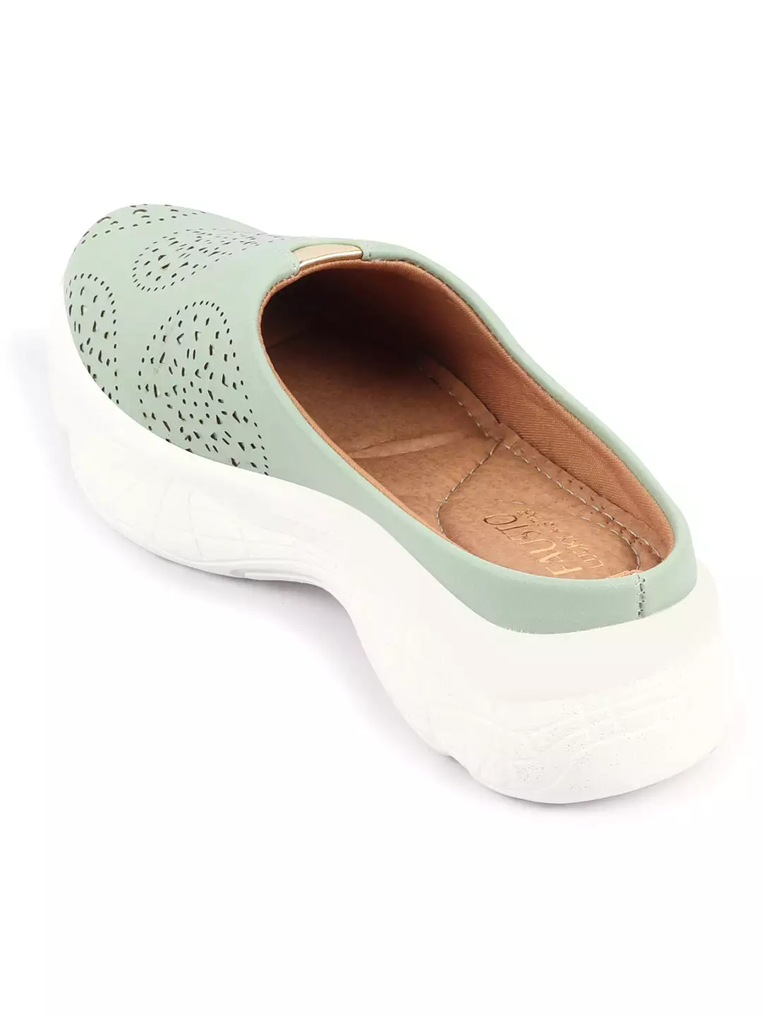 Pista Green Laser Cut Slip On Mules for Women