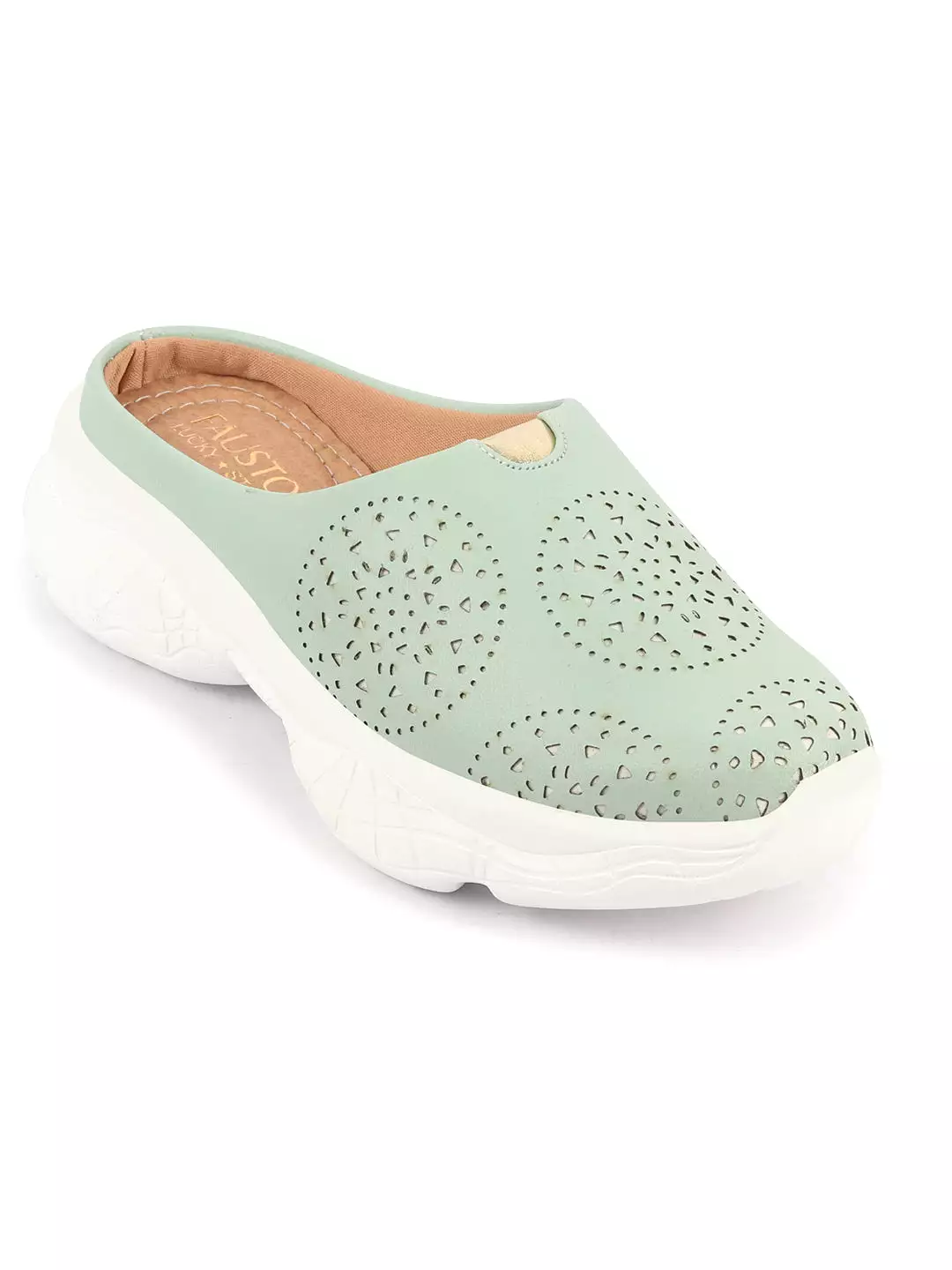 Pista Green Laser Cut Slip On Mules for Women