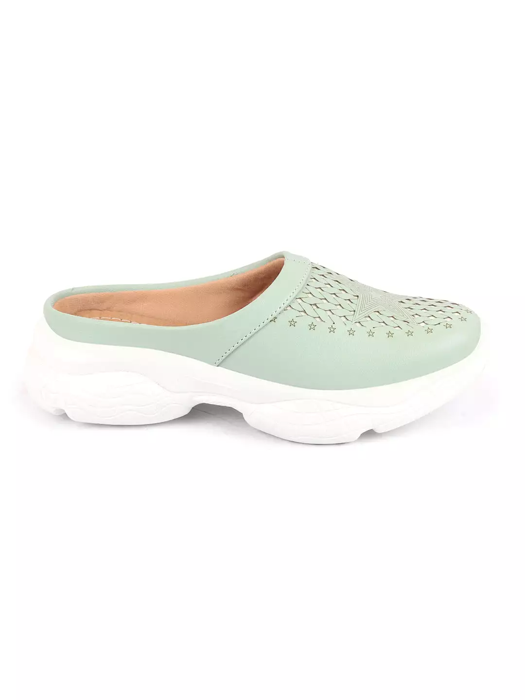 Pista Green Laser Cut Slip-On Mules for Women