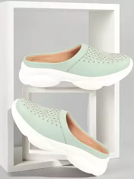 Pista Green Laser Cut Slip-On Mules for Women