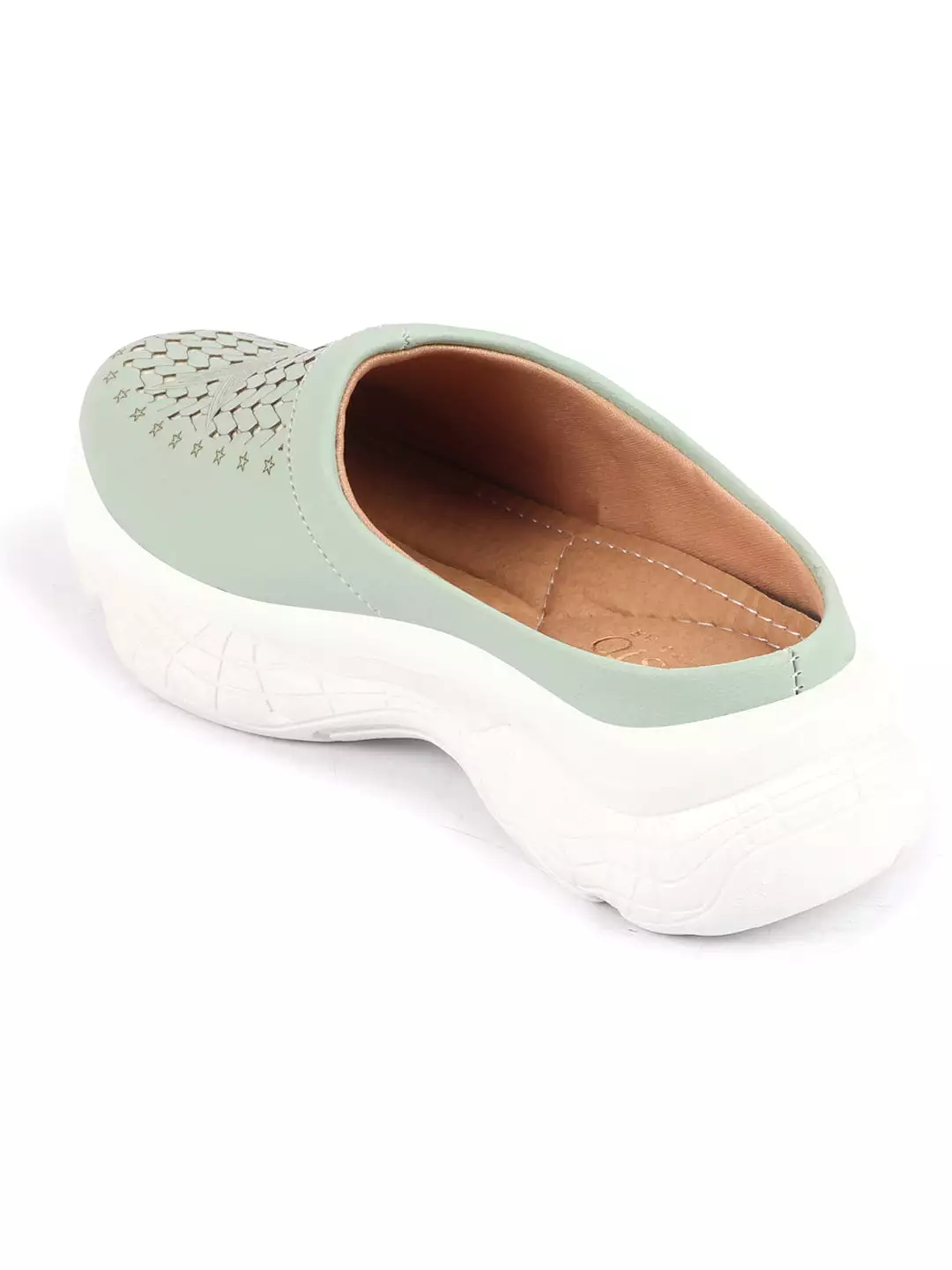 Pista Green Laser Cut Slip-On Mules for Women